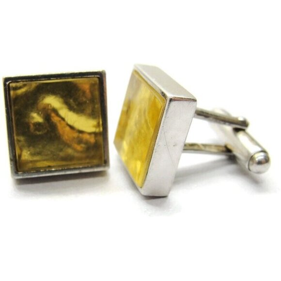 925 Sterling Silver Bisazza Yellow Marble Design Square Cufflinks Vintage - Picture 2 of 9